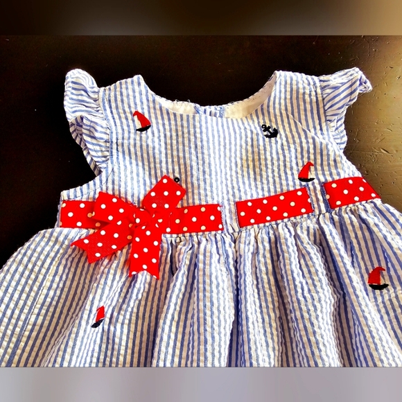 Striped Baby Dress with Red Accents With Matching Bloomers. 18 Months - Picture 4 of 7